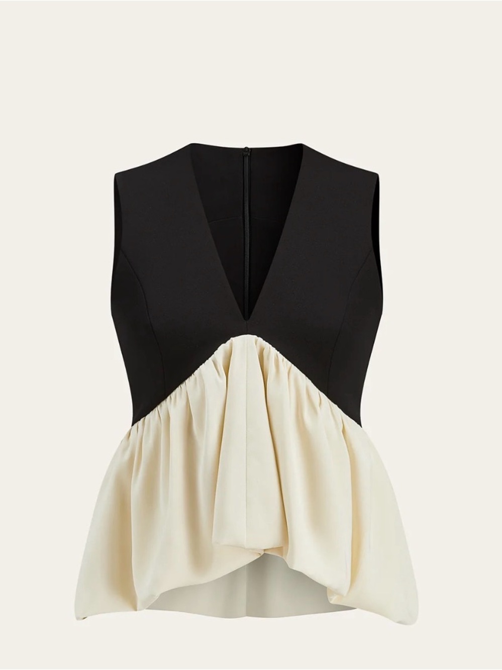 Commense Two-Tone V-Neck Peplum Crop Top in Black and Cream